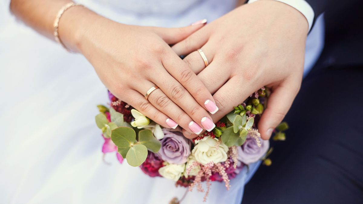 Hands,Of,Bride,And,Groom,With,Rings,On,Wedding,Bouquet.