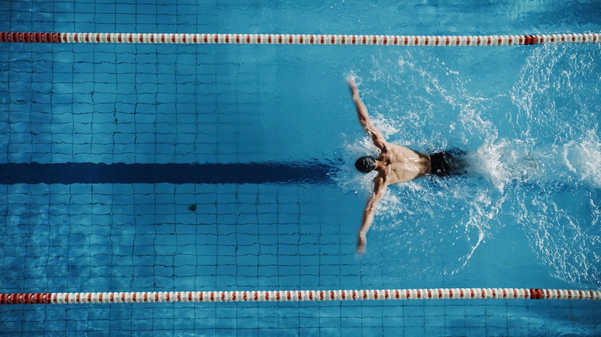 Aerial,Top,View,Male,Swimmer,Swimming,In,Swimming,Pool.,Professional