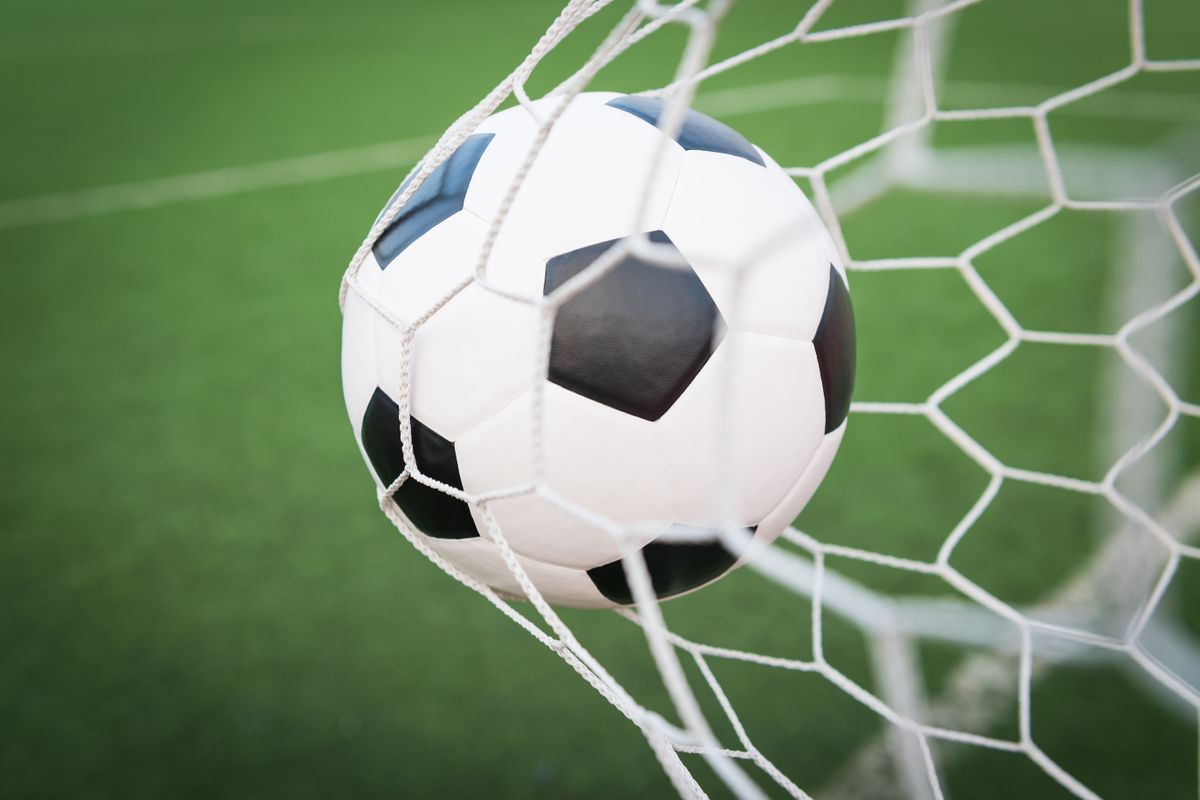 Soccer,Ball,In,Goal,Net,With,Green,Grass