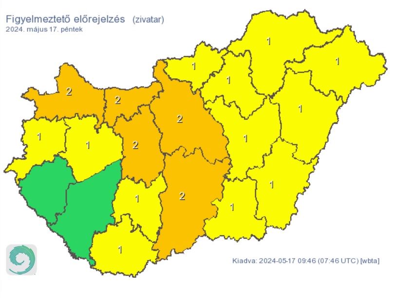 másodfokú riasztás, zivatar, eső