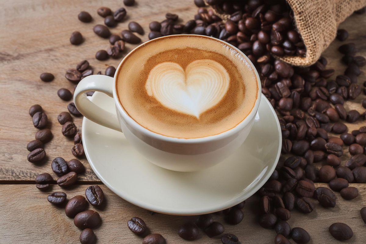Cup,Of,Coffee,Latte,With,Heart,Shape,And,Coffee,Beans