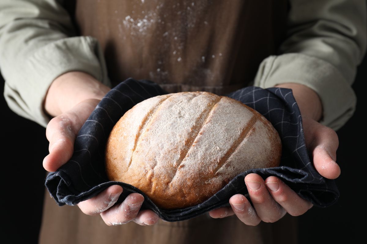 Woman,Holding,Freshly,Baked,Bread,On,Black,Background,,Closeup