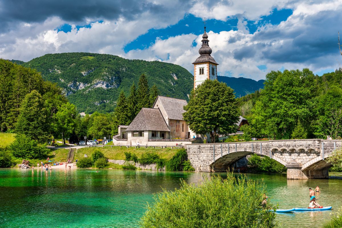 Aerial,View,Of,Bohinj,Lake,In,Julian,Alps.,Popular,Touristic