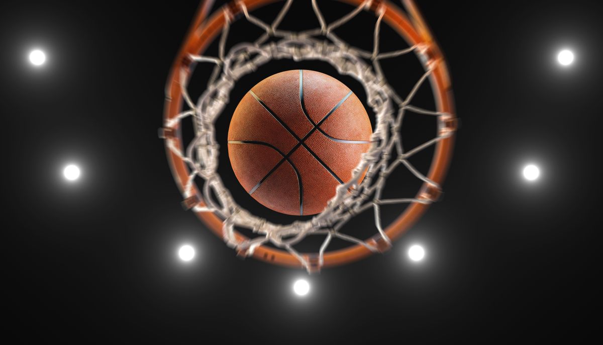 3d,Rendering,Basketball,On,Hoop,And,Lighting,From,Roof,Stadium