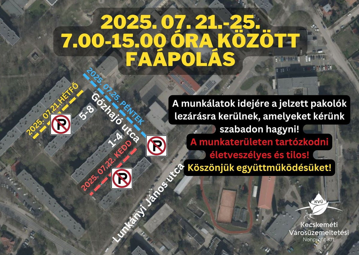 parkoló, lezárás, faápolás